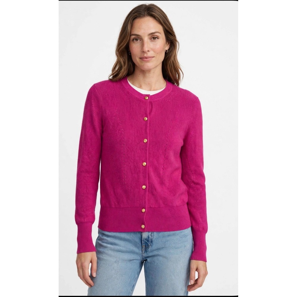 Trina Turk Magenta Pink Cotton Modal Pointelle Gold Button Cardigan Sweater M
